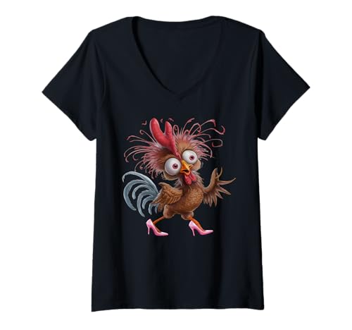 Damen Crazy Chicken in Pink Heels Farbe T-Shirt mit V-Ausschnitt Damen Crazy Chicken in Pink Heels Farbe T-Shirt mit V-Ausschnitt von Funny Chicken Funny Farm Animal