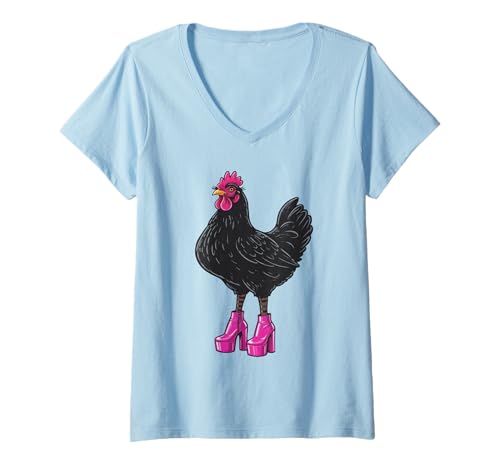 Damen Crazy Chicken in Pink Heels Farbe T-Shirt mit V-Ausschnitt Damen Crazy Chicken in Pink Heels Farbe T-Shirt mit V-Ausschnitt von Funny Chicken Funny Farm Animal
