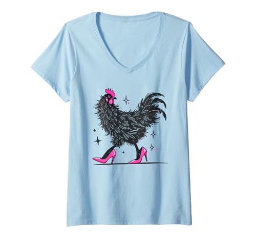 Damen Crazy Chicken in Pink Heels Farbe T-Shirt mit V-Ausschnitt Damen Crazy Chicken in Pink Heels Farbe T-Shirt mit V-Ausschnitt von Funny Chicken Funny Farm Animal