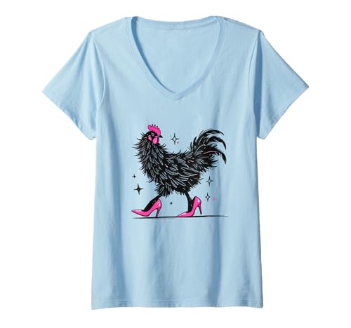 Damen Lustiges Huhn in rosa Absätzen T-Shirt mit V-Ausschnitt Damen Lustiges Huhn in rosa Absätzen T-Shirt mit V-Ausschnitt von Funny Chicken Funny Farm Animal