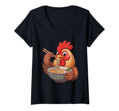 Damen Niedliches Huhn isst Ramen Japanische Kawaii Tiernudeln T-Shirt mit V-Ausschnitt Damen Niedliches Huhn isst Ramen Japanische Kawaii Tiernudeln T-Shirt mit V-Ausschnitt von Funny Chicken Ramen Lover Apparel