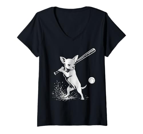 Damen Chihuahua Baseball Sport Hundeliebhaber T-Shirt mit V-Ausschnitt Damen Chihuahua Baseball Sport Hundeliebhaber T-Shirt mit V-Ausschnitt von Funny Chihuahua Baseball Player Dog Designs