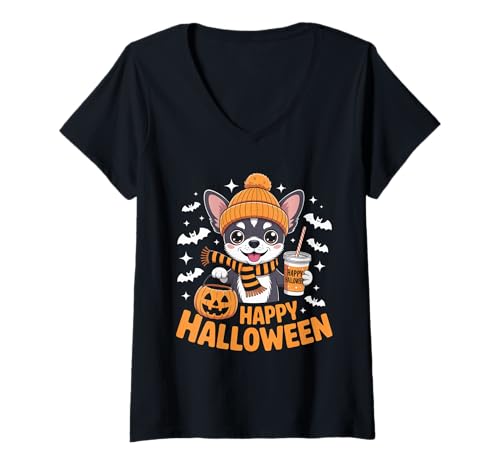 Damen Niedlicher gruseliger Chihuahua Hund Geist Halloween Hund Herbst Herbst T-Shirt mit V-Ausschnitt Damen Niedlicher gruseliger Chihuahua Hund Geist Halloween Hund Herbst Herbst T-Shirt mit V-Ausschnitt von Funny Chihuahua Dog Halloween Costume Party Gifts