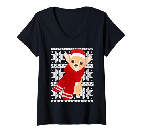 Damen Chihuahua Hässlicher Weihnachtsfeiertag Hundeliebhaber T-Shirt mit V-Ausschnitt Damen Chihuahua Hässlicher Weihnachtsfeiertag Hundeliebhaber T-Shirt mit V-Ausschnitt von Funny Chihuahua Festive Dog Designs