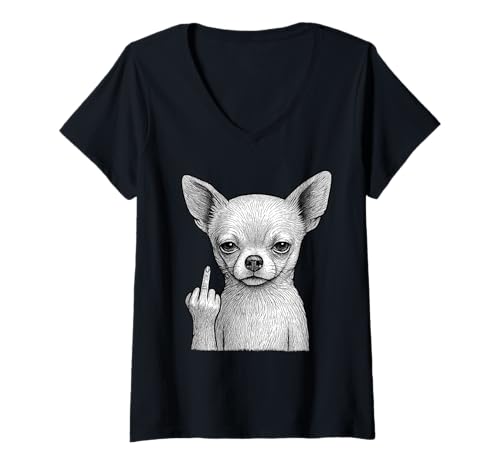 Damen Chihuahua Mittelfinger sarkastischer Hundeliebhaber T-Shirt mit V-Ausschnitt Damen Chihuahua Mittelfinger sarkastischer Hundeliebhaber T-Shirt mit V-Ausschnitt von Funny Chihuahua Flipping Off Dog Designs