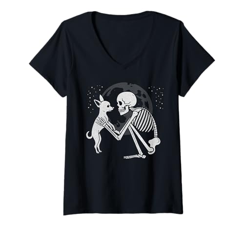 Damen Chihuahua Skelett Mond Halloween Hundeliebhaber T-Shirt mit V-Ausschnitt Damen Chihuahua Skelett Mond Halloween Hundeliebhaber T-Shirt mit V-Ausschnitt von Funny Chihuahua Gothic Dog Designs