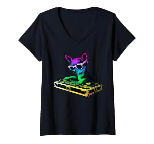 Damen Chihuahua DJ Musik Party Hundeliebhaber T-Shirt mit V-Ausschnitt Damen Chihuahua DJ Musik Party Hundeliebhaber T-Shirt mit V-Ausschnitt von Funny Chihuahua House Music Dog Designs