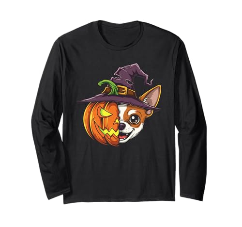 Chihuahua Kürbis Jack O Laterne Halloween Kinder Herren Damen Langarmshirt von Funny Chihuahua Lovers Halloween Pumpkin Outfits