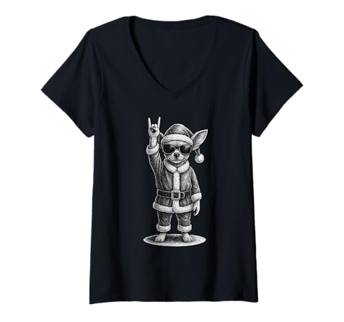 Damen Chihuahua Rock Music Weihnachts-Hundeliebhaber T-Shirt mit V-Ausschnitt Damen Chihuahua Rock Music Weihnachts-Hundeliebhaber T-Shirt mit V-Ausschnitt von Funny Chihuahua Rock And Roll Dog Designs