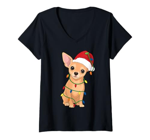 Damen Chihuahua Weihnachtsbaum Lichter Urlaub Hundeliebhaber T-Shirt mit V-Ausschnitt Damen Chihuahua Weihnachtsbaum Lichter Urlaub Hundeliebhaber T-Shirt mit V-Ausschnitt von Funny Chihuahua Xmas Tree Dog Designs