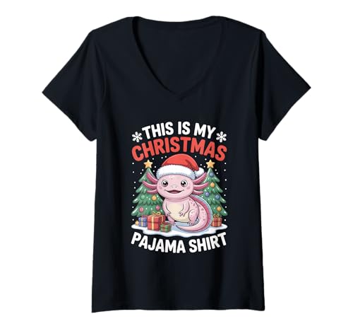 Damen Axolotl This is My Christmas Pyjama T-Shirt mit V-Ausschnitt von Funny Chistmas Pajama Apparel