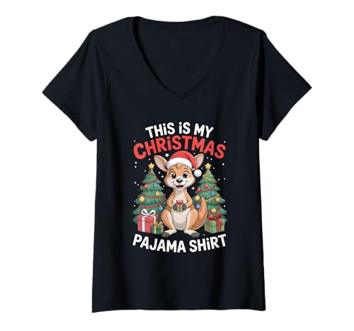 Damen Kangaroo This is My Christmas Pyjama T-Shirt mit V-Ausschnitt von Funny Chistmas Pajama Apparel