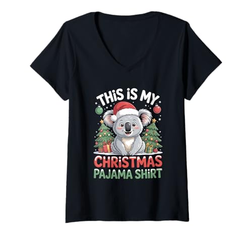 Damen Koala This is My Christmas Pyjama T-Shirt mit V-Ausschnitt von Funny Chistmas Pajama Apparel