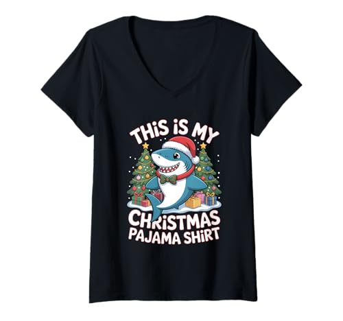 Damen Shark This is My Christmas Pyjama T-Shirt mit V-Ausschnitt Damen Shark This is My Christmas Pyjama T-Shirt mit V-Ausschnitt von Funny Chistmas Pajama Clothing