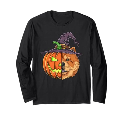 Chow Chow Kürbis Jack O Laterne Halloween Kinder Herren Damen Langarmshirt von Funny Chow Chow Lovers Halloween Pumpkin Outfits