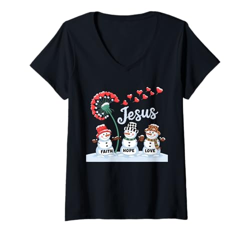 Damen Jesus Glaube Hoffnung Liebe Schneemann Plaid Leopard Weihnachten Frauen T-Shirt mit V-Ausschnitt von Funny Christian Faith Hope Love Jesus Of Christmas