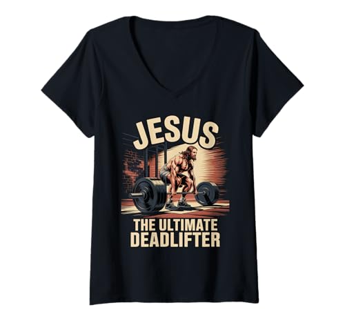Damen Jesus, der ultimative Kreuzheber-Muskel T-Shirt mit V-Ausschnitt Damen Jesus, der ultimative Kreuzheber-Muskel T-Shirt mit V-Ausschnitt von Funny Christian Jesus The Ultimate Deadlifter Tees