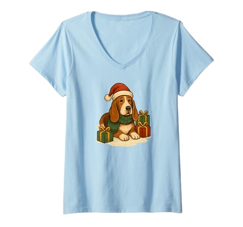 Damen Weihnachts-Basset Hound mit Weihnachtsmannmütze, niedlich T-Shirt mit V-Ausschnitt Damen Weihnachts-Basset Hound mit Weihnachtsmannmütze, niedlich T-Shirt mit V-Ausschnitt von Funny Christmas Basset Hound dogs