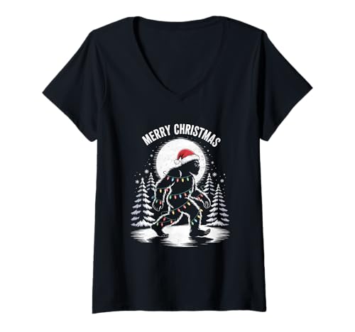 Damen Yeti Weihnachtsmütze Bigfoot T-Shirt mit V-Ausschnitt Damen Yeti Weihnachtsmütze Bigfoot T-Shirt mit V-Ausschnitt von Funny Christmas Bigfoot PJs