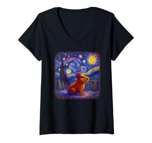 Damen Weihnachtsmütze Capybara Nikolausmütze Sternennacht für Damen Herren Kinder T-Shirt mit V-Ausschnitt von Funny Christmas Capybara Apparel Men Women Kids