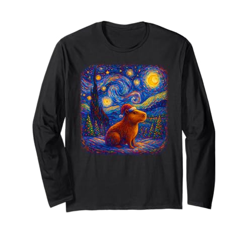 Weihnachtsmütze Capybara Nikolausmütze Sternennacht für Damen Herren Kinder Langarmshirt von Funny Christmas Capybara Apparel Men Women Kids