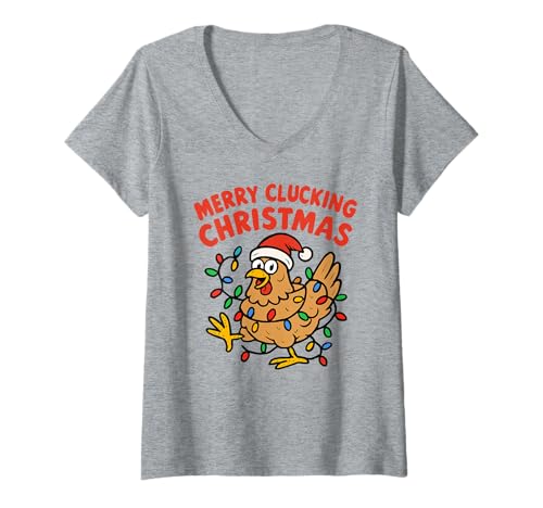 Damen Merry Clucking Christmas Chicken, lustiges Huhn-Wortspiel T-Shirt mit V-Ausschnitt von Funny Christmas Chicken Pun