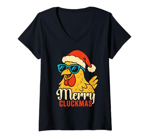 Damen Merry Cluckmas, Coole Vintage-Huhn-Sonnenbrille, Weihnachten T-Shirt mit V-Ausschnitt von Funny Christmas Chicken Pun