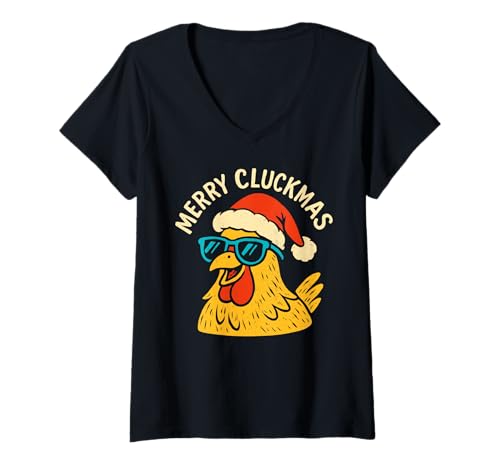 Damen Merry Cluckmas, Coole Vintage-Huhn-Sonnenbrille, Weihnachten T-Shirt mit V-Ausschnitt von Funny Christmas Chicken Pun