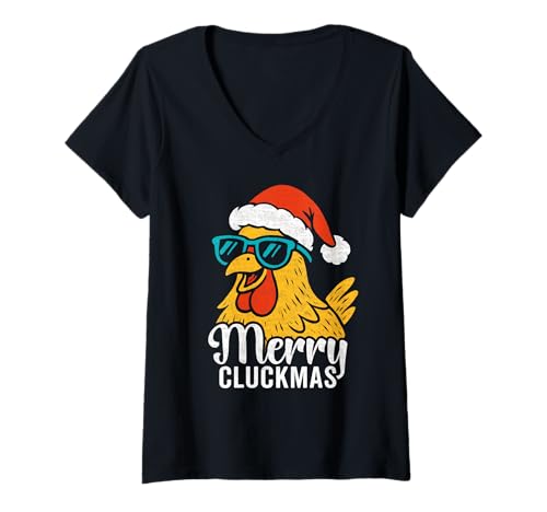 Damen Merry Cluckmas Weihnachten Huhn Sonnenbrille Halbton Retro T-Shirt mit V-Ausschnitt von Funny Christmas Chicken Pun