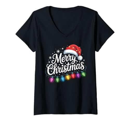 Damen Lustige Weihnachtsbeleuchtung Weihnachtsmannmütze Merry Xmas Holiday Family T-Shirt mit V-Ausschnitt von Funny Christmas Costume Gifts Idea