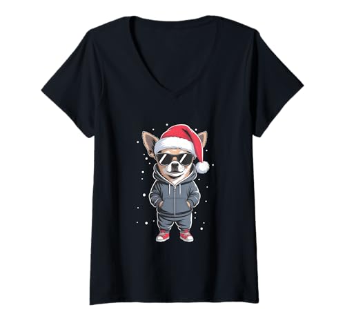 Damen Chihuahua Weihnachtsmann Hund T-Shirt mit V-Ausschnitt Damen Chihuahua Weihnachtsmann Hund T-Shirt mit V-Ausschnitt von Funny Christmas Dog Santa Clo.