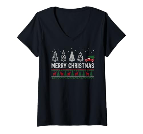Damen Weihnachts-Rentierbaum Winterurlaub Familie T-Shirt mit V-Ausschnitt Damen Weihnachts-Rentierbaum Winterurlaub Familie T-Shirt mit V-Ausschnitt von Funny Christmas Family Outfit Gifts For Men
