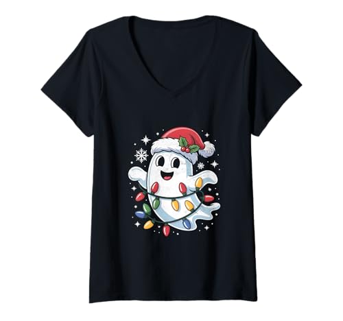 Damen Ghost Christmas Gruseliger Weihnachtsmann T-Shirt mit V-Ausschnitt von Funny Christmas Ghost Pajama Clo.