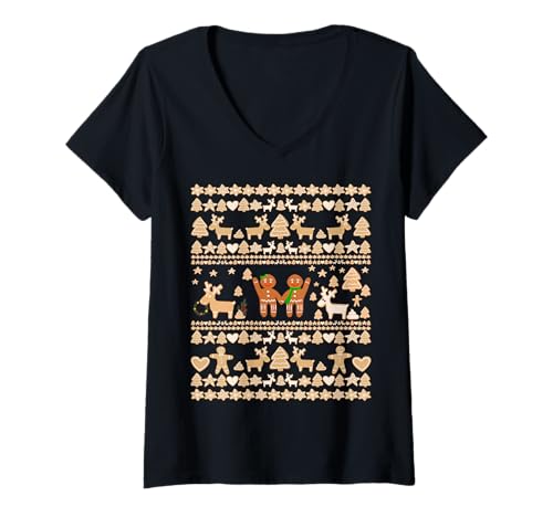 Damen Lustiger Weihnachtspullover mit Lebkuchenmann und Hirsch, Retro-Design T-Shirt mit V-Ausschnitt Damen Lustiger Weihnachtspullover mit Lebkuchenmann und Hirsch, Retro-Design T-Shirt mit V-Ausschnitt von Funny Christmas Gingerbread Costume by Alice Ron