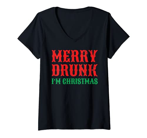 Damen Merry Drunk I'm Christmas Lustiger Weihnachtsmann Rentier Grafik T-Shirt mit V-Ausschnitt von Funny Christmas Graphic & More