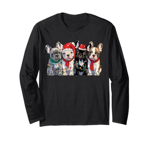 Französische Bulldogge Weihnachtsbeleuchtung Xmas Hund Männer Frauen Kinder Langarmshirt von Funny Christmas Lights French Bulldogs Xmas Santa