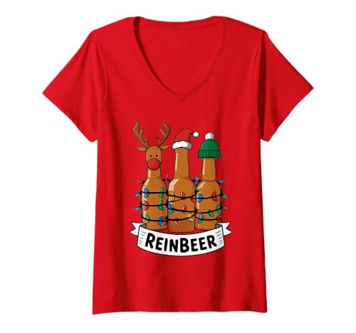 Damen Reinbeer Weihnachten Bierliebhaber Männer Frauen Trinken Bier Xmas T-Shirt mit V-Ausschnitt von Funny Christmas Men Women Apparel Clothes Ideas
