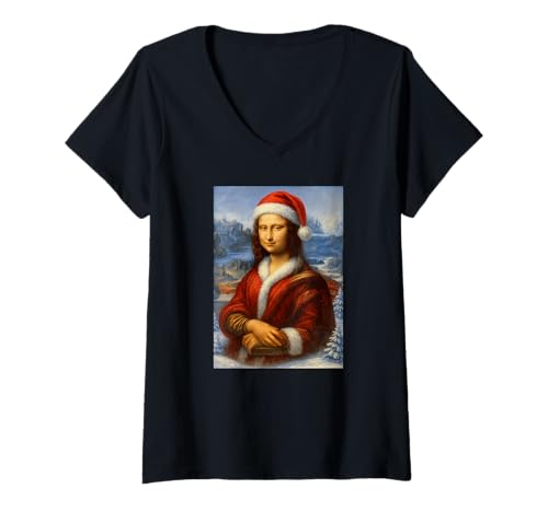 Damen Mona Lisa mit Nikolausmütze für Kunstlehrerin Mona Lisa Weihnachten T-Shirt mit V-Ausschnitt Damen Mona Lisa mit Nikolausmütze für Kunstlehrerin Mona Lisa Weihnachten T-Shirt mit V-Ausschnitt von Funny Christmas Mona Lisa Santa Claus