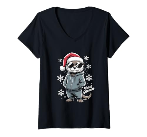 Damen Weihnachtsotter Nikolausmütze T-Shirt mit V-Ausschnitt von Funny Christmas Pajama Santa Otter