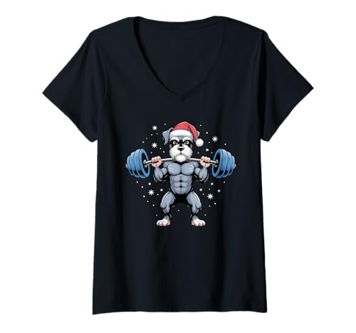 Damen Weihnachten Miniatur Schnauzer Gewichtheben Lustig Kreuzheben T-Shirt mit V-Ausschnitt Damen Weihnachten Miniatur Schnauzer Gewichtheben Lustig Kreuzheben T-Shirt mit V-Ausschnitt von Funny Christmas Pet Fitness Deadlift Apparel