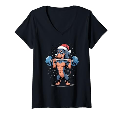Damen Weihnachts-Dackel Gewichtheben Lustiges Kreuzheben Fitness Gym T-Shirt mit V-Ausschnitt Damen Weihnachts-Dackel Gewichtheben Lustiges Kreuzheben Fitness Gym T-Shirt mit V-Ausschnitt von Funny Christmas Pet Fitness Deadlift Apparel