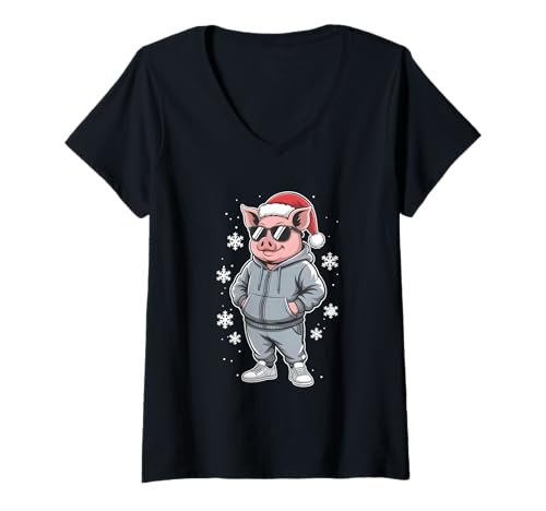 Damen Christmas Pig Santa Sonnenbrille T-Shirt mit V-Ausschnitt von Funny Christmas Pig Santa Clo.