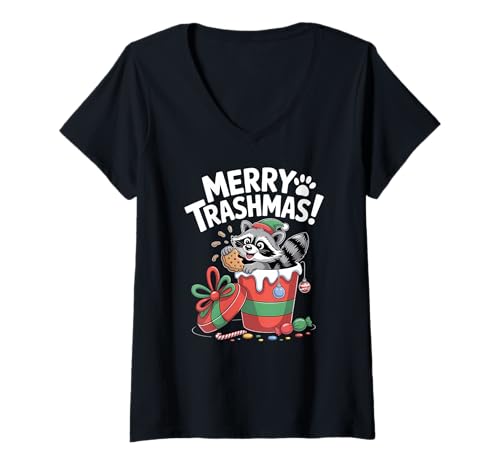 Damen Merry Trashmas Lustiger Waschbär Weihnachten Urlaub T-Shirt mit V-Ausschnitt Damen Merry Trashmas Lustiger Waschbär Weihnachten Urlaub T-Shirt mit V-Ausschnitt von Funny Christmas Raccoon Apparel Gifts by Anastasia