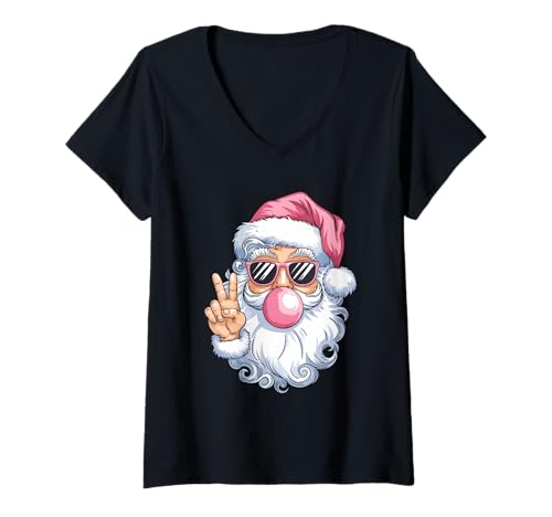 Damen Weihnachtsmann bläst Kaugummi-Shirt, Friedenszeichen, Weihnachtsmann T-Shirt mit V-Ausschnitt von Funny Christmas Santa Bubble Gum Shirt