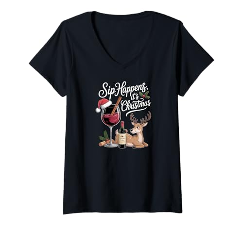 Damen Sip Happens It's Christmas Funny Wine Rentier T-Shirt mit V-Ausschnitt von Funny Christmas Wine Apparel Gifts by Anastasia