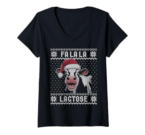 Damen Fa la la lactose, Weihnachten Kuhbauer, Milchbauer lustig T-Shirt mit V-Ausschnitt Damen Fa la la lactose, Weihnachten Kuhbauer, Milchbauer lustig T-Shirt mit V-Ausschnitt von Funny Christmas cow ugly sweater