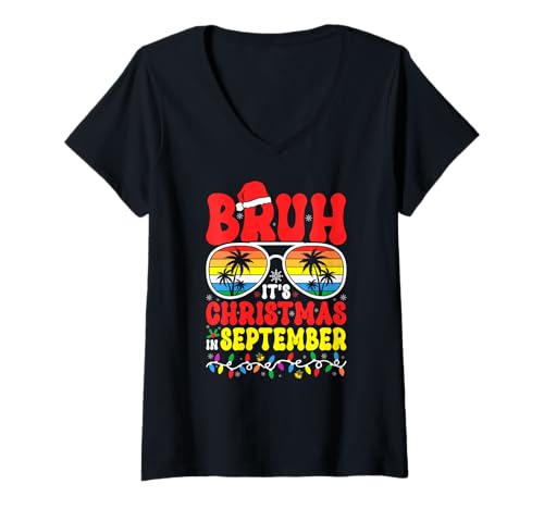 Damen Bruh Es ist Weihnachten im September, der hawaiianische Tropische Weihnachtsmann T-Shirt mit V-Ausschnitt Damen Bruh Es ist Weihnachten im September, der hawaiianische Tropische Weihnachtsmann T-Shirt mit V-Ausschnitt von Funny Christmas in September Gifts