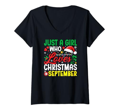 Damen Nur EIN Mädchen, das Weihnachten im September liebt Tropischer Weihnachtsmann T-Shirt mit V-Ausschnitt von Funny Christmas in September Gifts