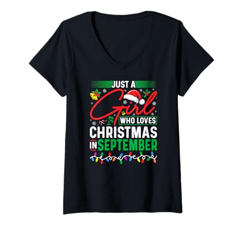 Damen Nur EIN Mädchen, das Weihnachten im September liebt Tropischer Weihnachtsmann T-Shirt mit V-Ausschnitt Damen Nur EIN Mädchen, das Weihnachten im September liebt Tropischer Weihnachtsmann T-Shirt mit V-Ausschnitt von Funny Christmas in September Gifts