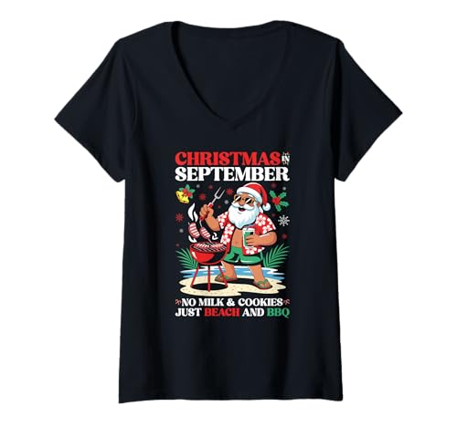 Damen Weihnachten im September BBQ Hawaiian Tropical Santa T-Shirt mit V-Ausschnitt Damen Weihnachten im September BBQ Hawaiian Tropical Santa T-Shirt mit V-Ausschnitt von Funny Christmas in September Gifts